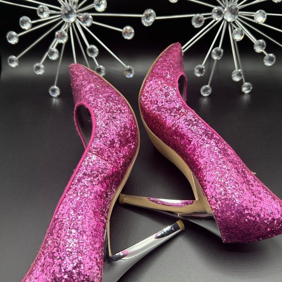 Guess Barbie Pink Pointed Toe Sequin 4” Silver Heel Shoes Size 9 - Picture 5 of 13